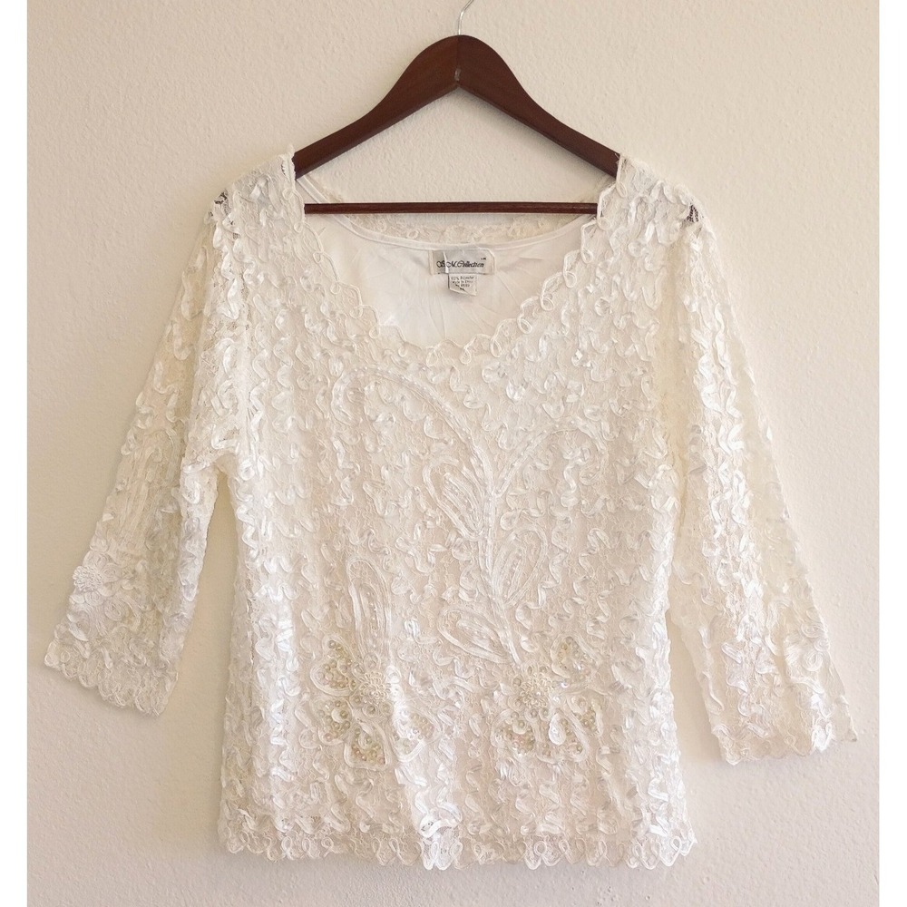 Vintage S.M. Collection Ivory Lace Ribbon Embroidered Blouse Pearl Sequin XL